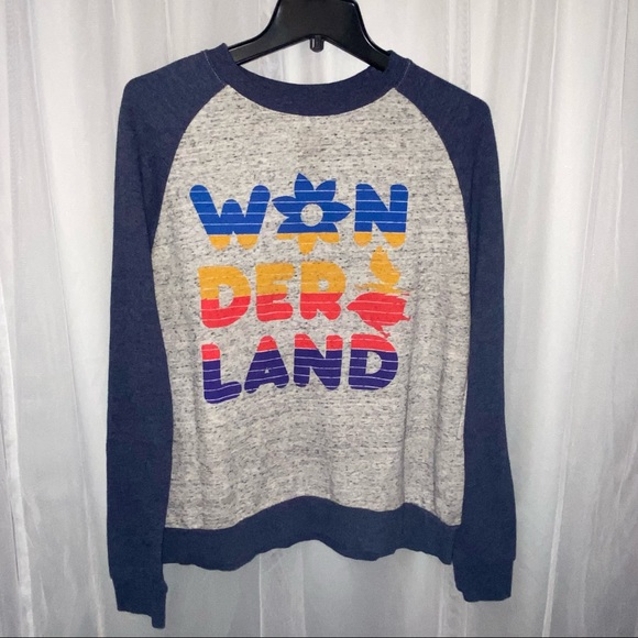 Disney Tops - Disney LARGE L Alice In Wonderland Sweatshirt Gray Raglan Blue Rainbow Pullover